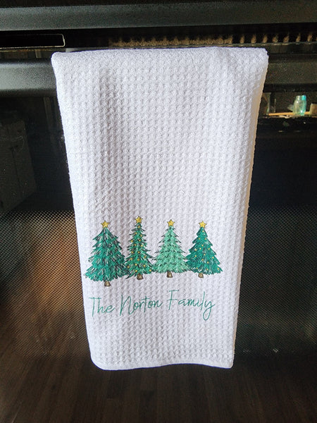 Kitchen Tea Towel with Family Name and Row of Christmas Trees Towel - Tea Towel - Bar Towel Gift for Home Holiday Gift Hostess Gifts Plush