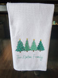 Kitchen Tea Towel with Family Name and Row of Christmas Trees Towel - Tea Towel - Bar Towel Gift for Home Holiday Gift Hostess Gifts Plush