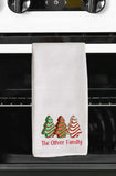 Kitchen Tea Towel with Family Name and Row of Christmas Trees Towel - Tea Towel - Bar Towel Gift for Home Holiday Gift Hostess Gifts Plush