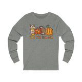 Fall Tis the Season Graphic Long Sleeve T-Shirt Retro Colorful Football Leaves Pumpkin Latte