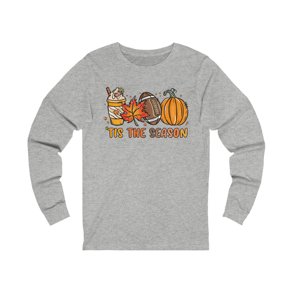 Fall Tis the Season Graphic Long Sleeve T-Shirt Retro Colorful Football Leaves Pumpkin Latte Printify