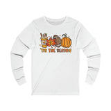 Fall Tis the Season Graphic Long Sleeve T-Shirt Retro Colorful Football Leaves Pumpkin Latte Printify