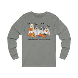 HOWLoween Treats, Please Cute Dog Graphic Long Sleeve T-Shirt Retro Colorful Dogs Ghosts Pumpkins Trick or Treat Printify