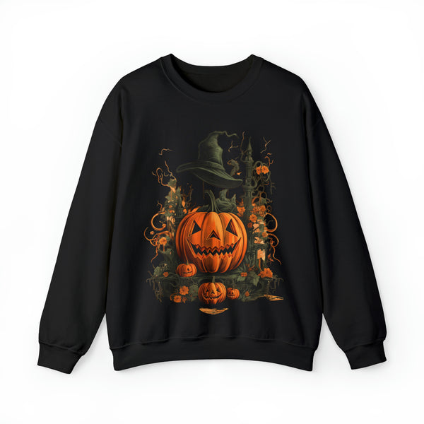 Halloween Crewneck Sweatshirt with Scary Pumpkins Castle Graphic