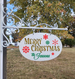 Metal Plaque/Bracket with Custom Lettering - 8x12 OVAL - Merry Christmas with Family Name Sign