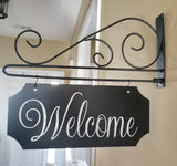 Custom 2-Sided Indoor/Outdoor 6x12 Black Metal Sign with Inverted Corners and Black Scroll Wall Mounted Bracket