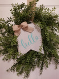 18" Green Wreath with 8x10 Wood Banner Sign - Hello/Welcome/Home Sweet Home Plush