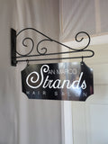 Custom 2-Sided Indoor/Outdoor 6x12 Black Metal Sign with Inverted Corners and Black Scroll Wall Mounted Bracket Plush