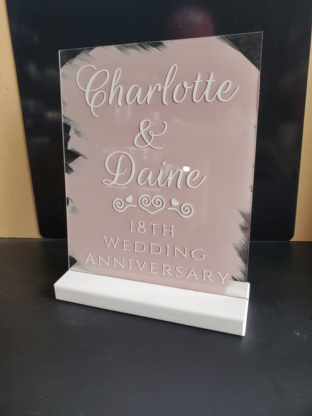 Custom 1-Sided, 8x10 Clear Acrylic/Plexiglass Sign with Brush Stroke Background and Stand - Wedding, Anniversary, Restaurant, Hotel, Etc.