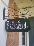Custom 2-Sided Indoor/Outdoor 6x12 Black Metal Sign with Inverted Corners and Black Scroll Wall Mounted Bracket