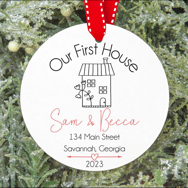 Our First House Ornament for Christmas Tree - Personalized with First Names, Address, City, State, and Year