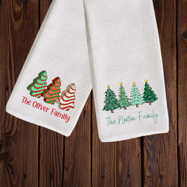 Kitchen Tea Towel with Family Name and Row of Christmas Trees Towel - Tea Towel - Bar Towel Gift for Home Holiday Gift Hostess Gifts