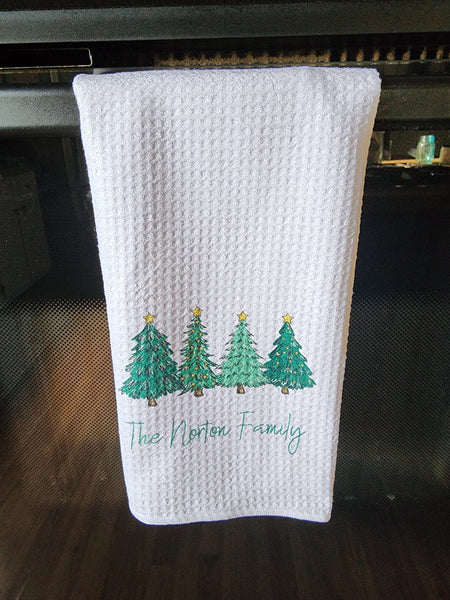 Kitchen Tea Towel with Family Name and Row of Christmas Trees Towel - Tea Towel - Bar Towel Gift for Home Holiday Gift Hostess Gifts